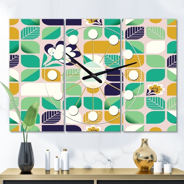 Designart 'geometric pattern with leaves and flowers' Oversized Mid-Century wall clock - 3 Panels