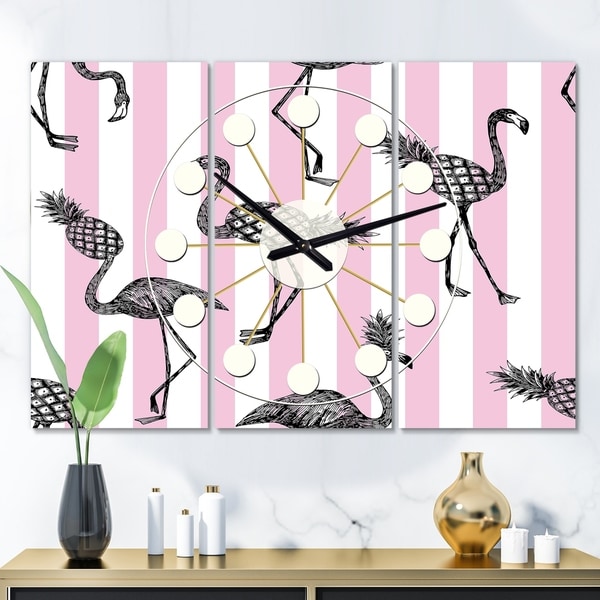 Designart 'Flamingo on Pink' Oversized Mid-Century wall clock - 3 Panels - 36 in. wide x 28 in. high - 3 Panels