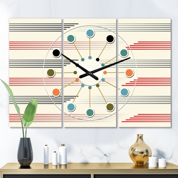 Designart 'Horizontal Retro Geometrical Pattern I' Oversized Mid-Century wall clock - 3 Panels