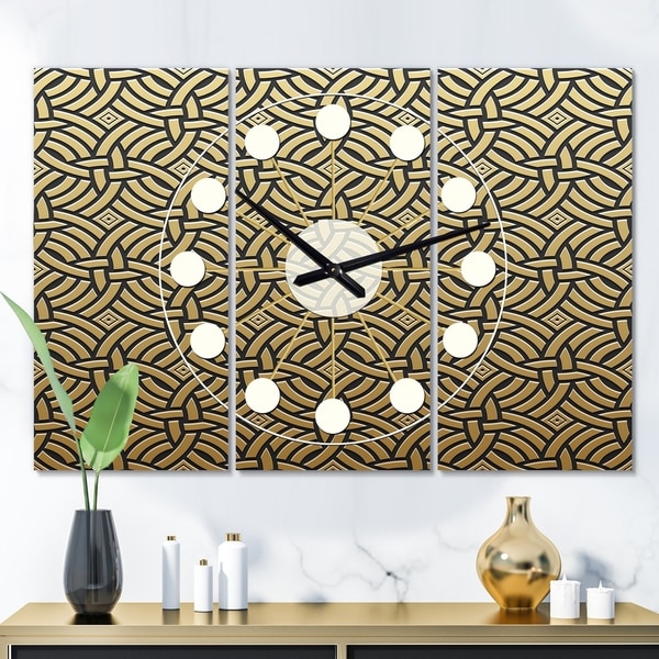 Designart 'Golden Luxury Metallic Geometrics XXI' Oversized Mid-Century wall clock - 3 Panels