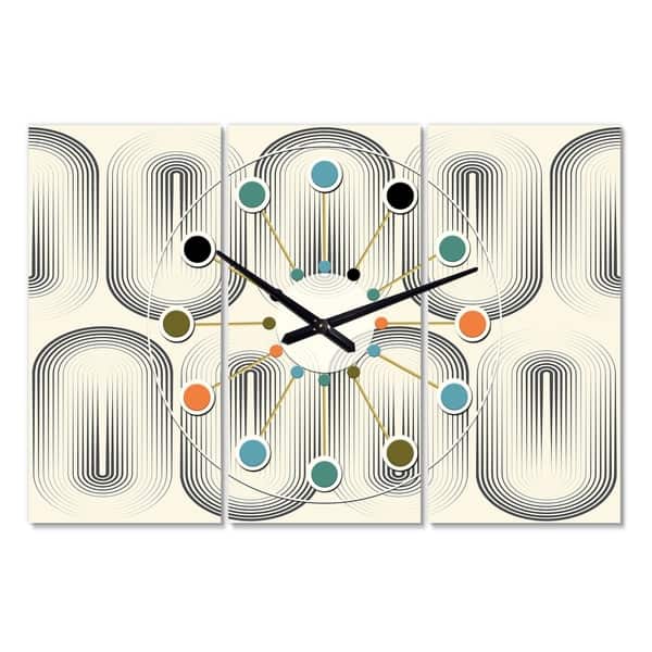 Designart Retro Curved Minimal Geometric Ornament I Oversized Mid Century Wall Clock 3 Panels On Sale Overstock 28495717
