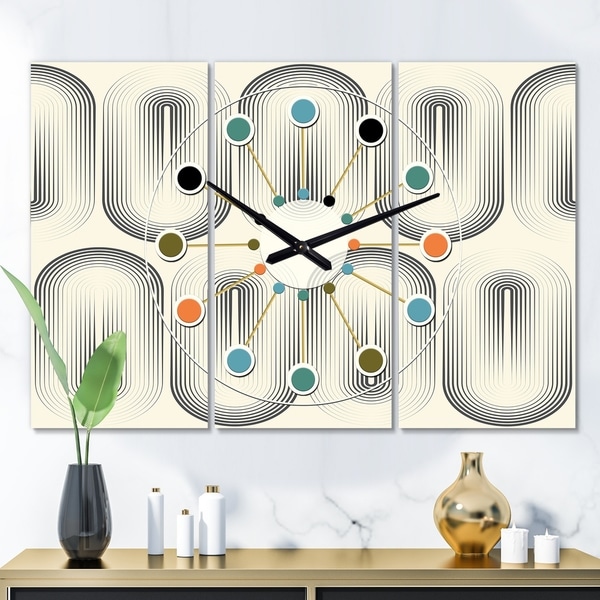 Designart 'Retro Curved Minimal Geometric Ornament I' Oversized Mid-Century wall clock - 3 Panels. Opens flyout.