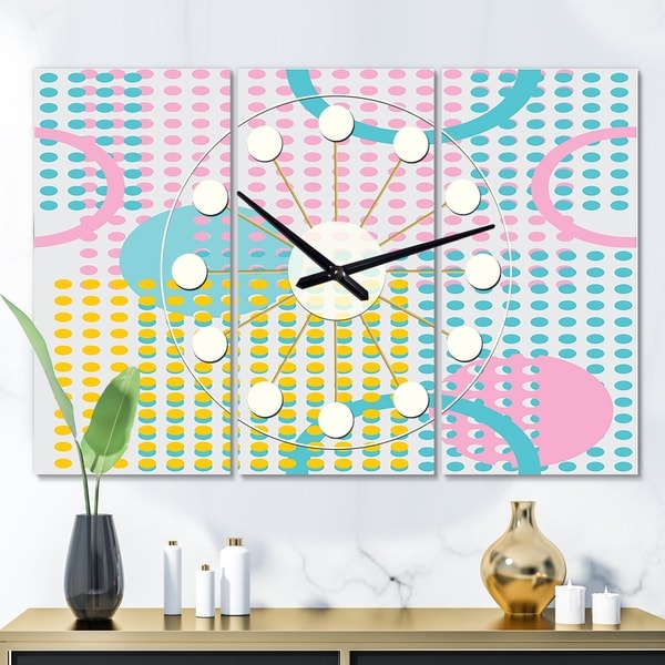 Designart 'Circular Retro Geometry I ' Oversized Mid-Century wall clock - 3 Panels - 36 in. wide x 28 in. high - 3 Panels