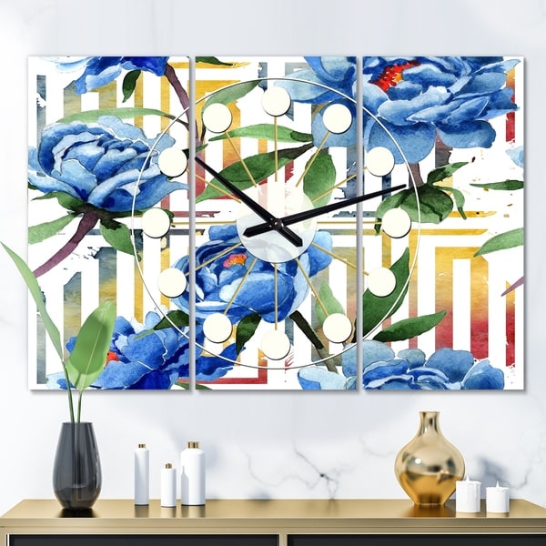 Designart 'Retro Floral Botanical Design I' Oversized Mid-Century wall clock - 3 Panels - 36 in. wide x 28 in. high - 3 Panels