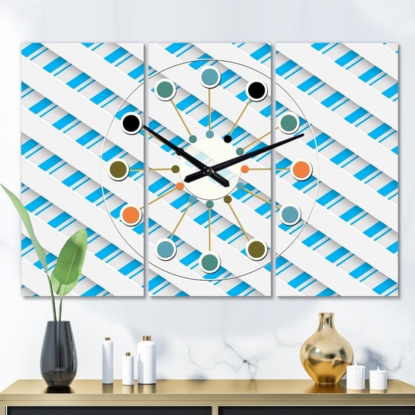 Designart '3D White and Blue Pattern VI' Oversized Mid-Century wall clock - 3 Panels - 36 in. wide x 28 in. high - 3 Panels