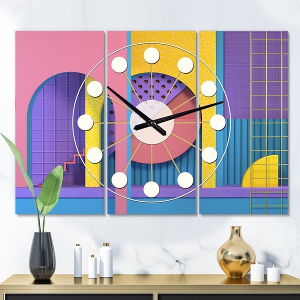 Designart 'Abstract Retro Geometric Architecture' Oversized Mid-Century wall clock - 3 Panels