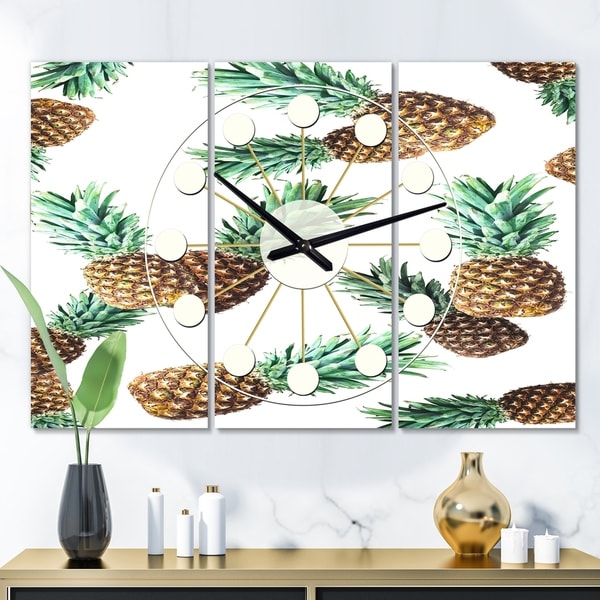 Designart 'Pineapple Summer Bliss V' Oversized Mid-Century wall clock - 3 Panels - 36 in. wide x 28 in. high - 3 Panels