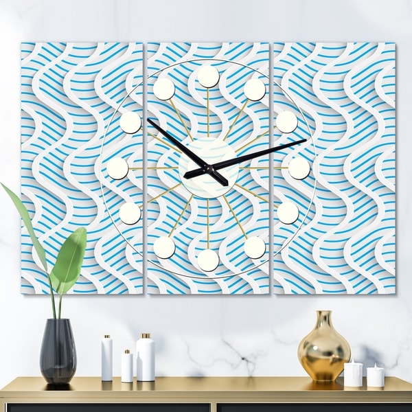 Designart '3D White and Light Blue Pattern II' Oversized Mid-Century wall clock - 3 Panels
