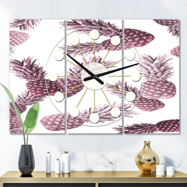 Designart 'Pineapple Summer Bliss III' Oversized Mid-Century wall clock - 3 Panels - 36 in. wide x 28 in. high - 3 Panels
