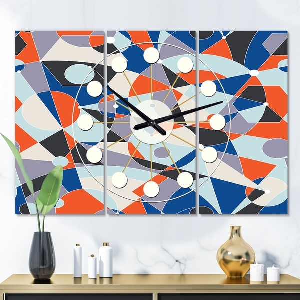 Designart 'Retro Geometric Grid IV' Oversized Mid-Century wall clock - 3 Panels - 36 in. wide x 28 in. high - 3 Panels. Opens flyout.