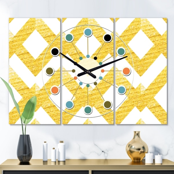 Designart 'Gold glittering lines pattern' Oversized Mid-Century wall clock - 3 Panels - 36 in. wide x 28 in. high - 3 Panels