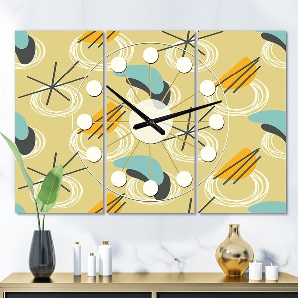 Designart 'Retro Abstract Design II' Oversized Mid-Century wall clock - 3 Panels - 36 in. wide x 28 in. high - 3 Panels