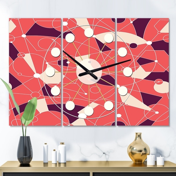 Designart 'Retro Geometric Grid I' Oversized Mid-Century wall clock - 3 Panels - 36 in. wide x 28 in. high - 3 Panels