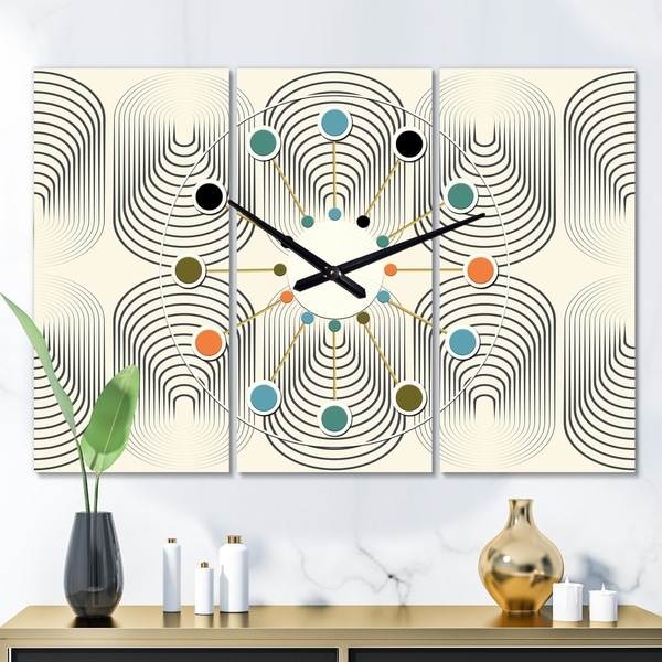Designart 'Monochrome Geometric Pattern X' Oversized Mid-Century wall clock - 3 Panels - 36 in. wide x 28 in. high - 3 Panels