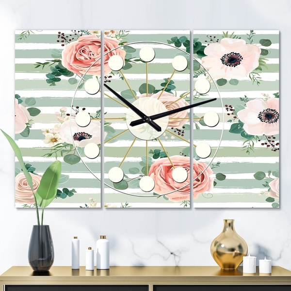 Designart 'Floral Retro Pattern V' Oversized Mid-Century wall clock - 3 Panels - 36 in. wide x 28 in. high - 3 Panels