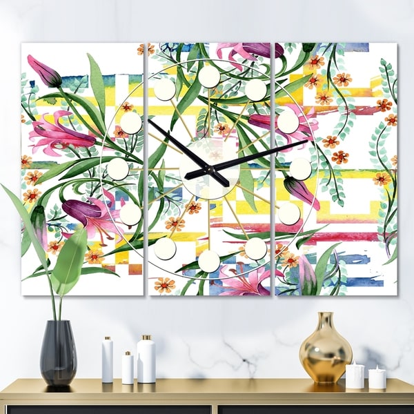 Designart 'Floral Botanical Retro XI' Oversized Mid-Century wall clock - 3 Panels - 36 in. wide x 28 in. high - 3 Panels
