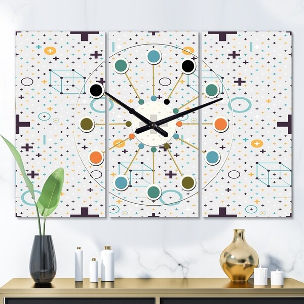 Designart 'Minimalistic Geometric Elements' Oversized Mid-Century wall clock - 3 Panels - 36 in. wide x 28 in. high - 3 Panels