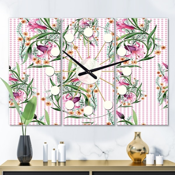 Designart 'Floral Botanical Retro X' Oversized Mid-Century wall clock - 3 Panels - 36 in. wide x 28 in. high - 3 Panels