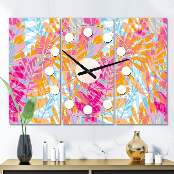 Designart 'Retro Floral Pattern III' Oversized Mid-Century wall clock - 3 Panels - 36 in. wide x 28 in. high - 3 Panels