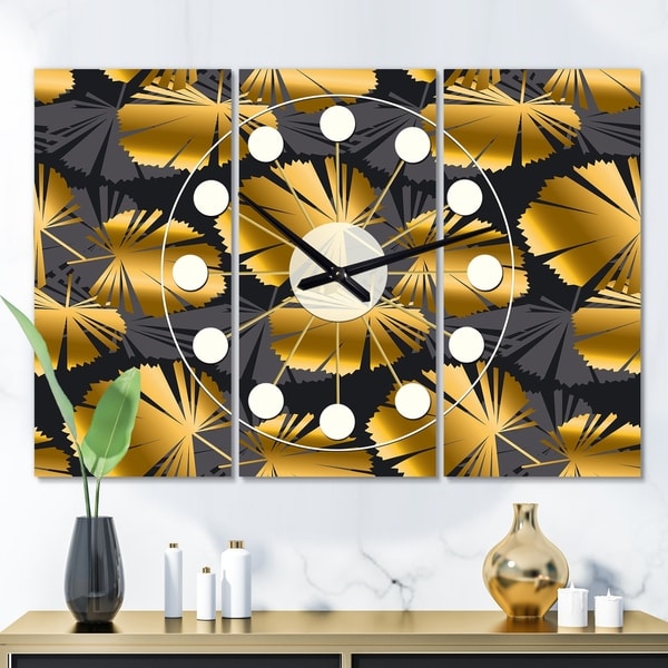 Designart 'Golden Palm Leaves III' Oversized Mid-Century wall clock - 3 Panels - 36 in. wide x 28 in. high - 3 Panels