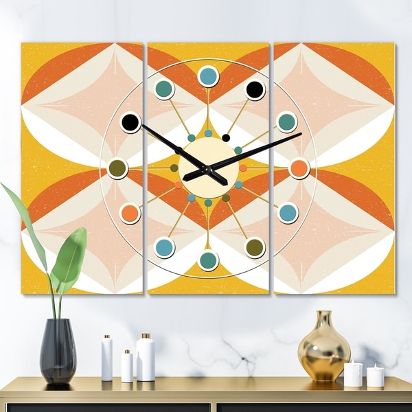 Designart 'Retro Abstract Design XII' Oversized Mid-Century wall clock - 3 Panels - 36 in. wide x 28 in. high - 3 Panels
