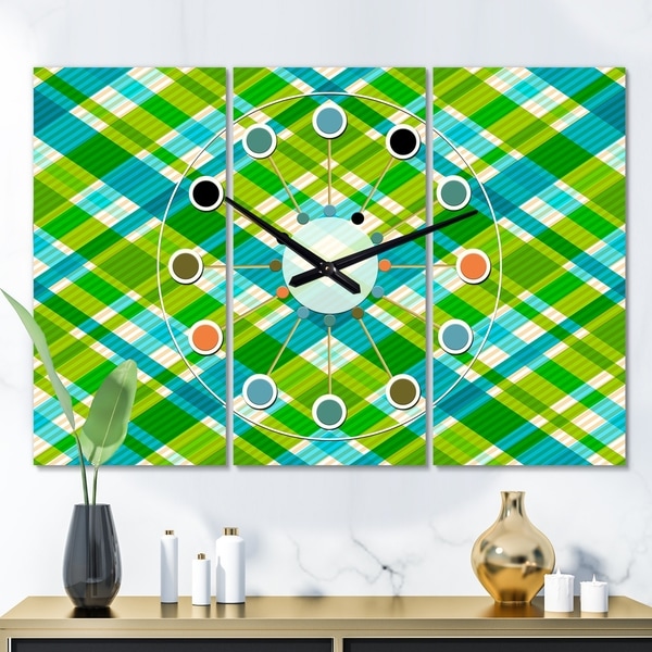 Designart 'Tartan Geometrical Texture II' Oversized Mid-Century wall clock - 3 Panels - 36 in. wide x 28 in. high - 3 Panels