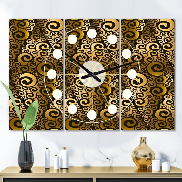 Designart 'Gold and Black Swirl I' Oversized Mid-Century wall clock - 3 Panels - 36 in. wide x 28 in. high - 3 Panels