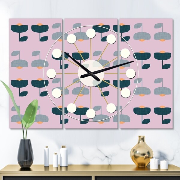 Designart 'Retro Floral Pattern XIII' Oversized Mid-Century wall clock - 3 Panels - 36 in. wide x 28 in. high - 3 Panels