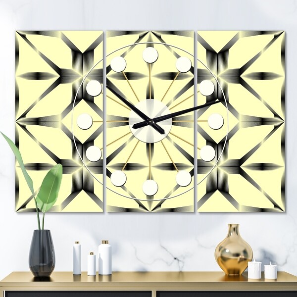 Designart 'Oriental Ornament. Flower Pattern' Oversized Mid-Century wall clock - 3 Panels - 36 in. wide x 28 in. high - 3 Panels