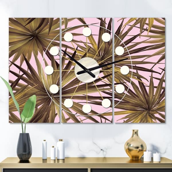 slide 1 of 4, Designart 'Tropical Leaves On Pink' Oversized Mid-Century wall clock - 3 Panels - 36 in. wide x 28 in. high - 3 Panels