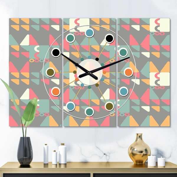 Designart 'Retro Abstract Design V' Oversized Mid-Century wall clock - 3 Panels - 36 in. wide x 28 in. high - 3 Panels. Opens flyout.