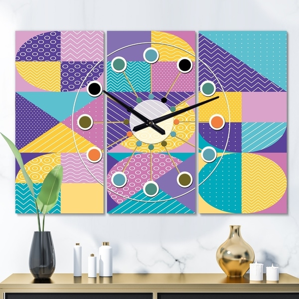 Designart 'Geometrical Pastel Abstract I' Oversized Mid-Century wall clock - 3 Panels - 36 in. wide x 28 in. high - 3 Panels