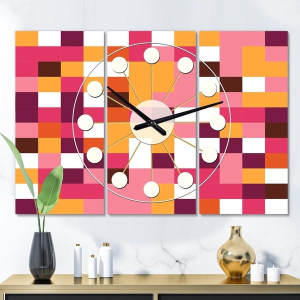 Designart 'Retro Geometric Design VII' Oversized Mid-Century wall clock - 3 Panels - 36 in. wide x 28 in. high - 3 Panels