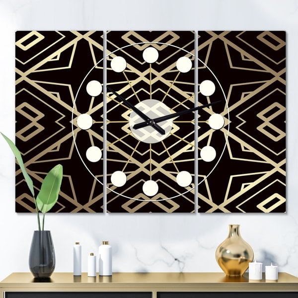 Designart 'Gold and Black Art Deco Pattern' Oversized Mid-Century wall clock - 3 Panels - 36 in. wide x 28 in. high - 3 Panels