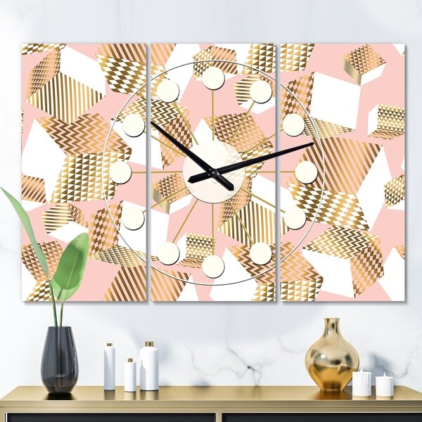 Designart 'Gold and Rose Cubes I' Oversized Mid-Century wall clock - 3 Panels - 36 in. wide x 28 in. high - 3 Panels