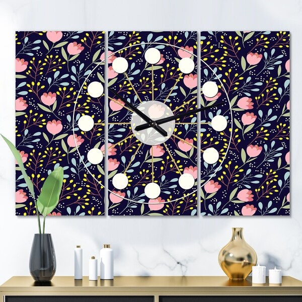 Designart 'Handdrawn Pink Flowers ' Oversized Mid-Century wall clock - 3 Panels - 36 in. wide x 28 in. high - 3 Panels