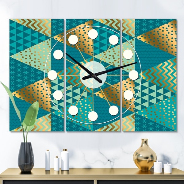 Designart 'Gold and Blue Dynamics I' Oversized Mid-Century wall clock - 3 Panels - 36 in. wide x 28 in. high - 3 Panels