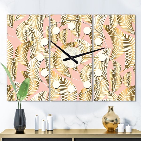 Designart 'Golden Palm Leaves I' Oversized Mid-Century wall clock - 3 Panels - 36 in. wide x 28 in. high - 3 Panels