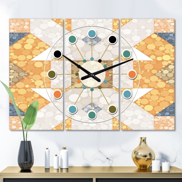 Designart 'Geometric Retro Design I' Oversized Mid-Century wall clock - 3 Panels - 36 in. wide x 28 in. high - 3 Panels