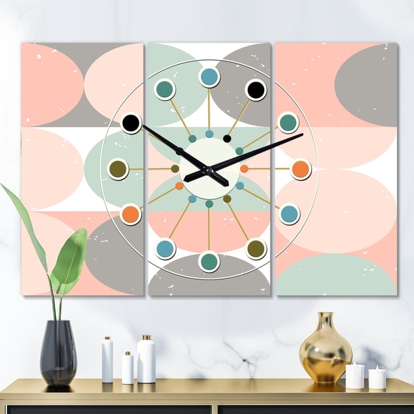 Designart 'Retro Pastel Circular Pattern II' Oversized Mid-Century wall clock - 3 Panels - 36 in. wide x 28 in. high - 3 Panels