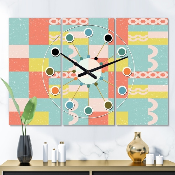 Designart 'Retro Abstract Design III' Oversized Mid-Century wall clock - 3 Panels - 36 in. wide x 28 in. high - 3 Panels