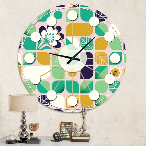 Designart 'geometric pattern with leaves and flowers' Mid-Century wall clock