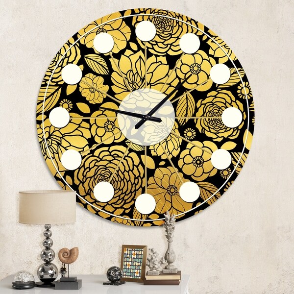 Designart 'Golden Floral II' Mid-Century wall clock