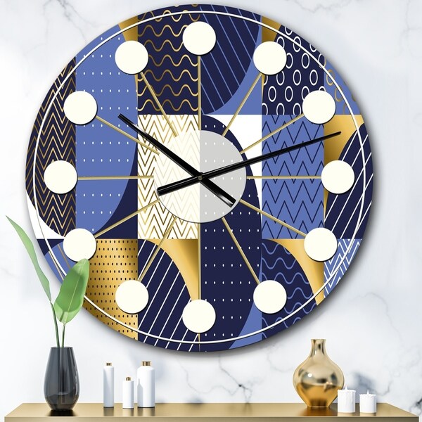 Designart 'Retro Luxury Waves In Gold and Blue IV' Mid-Century wall clock