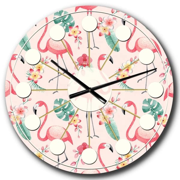 Designart Tropical Botanicals Flowers And Flamingo Ii Mid Century Wall Clock Overstock 28496089