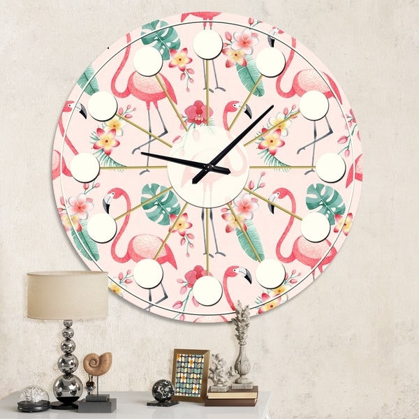 Designart 'Tropical Botanicals, Flowers and Flamingo II' Mid-Century wall clock. Opens flyout.