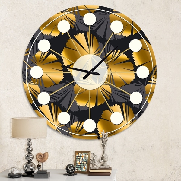 Designart 'Golden Palm Leaves III' Mid-Century wall clock