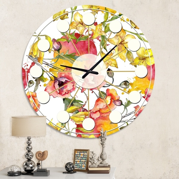 Designart 'Retro Handdrawn Poppies IV' Mid-Century wall clock