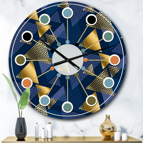 Designart 'Retro Luxury Waves In Gold and Blue IX' Mid-Century wall clock