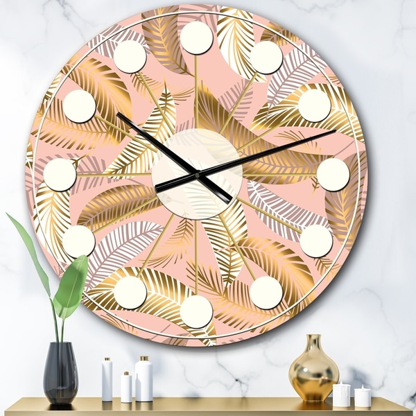 Designart 'Golden Tropical Pattern V' Mid-Century wall clock